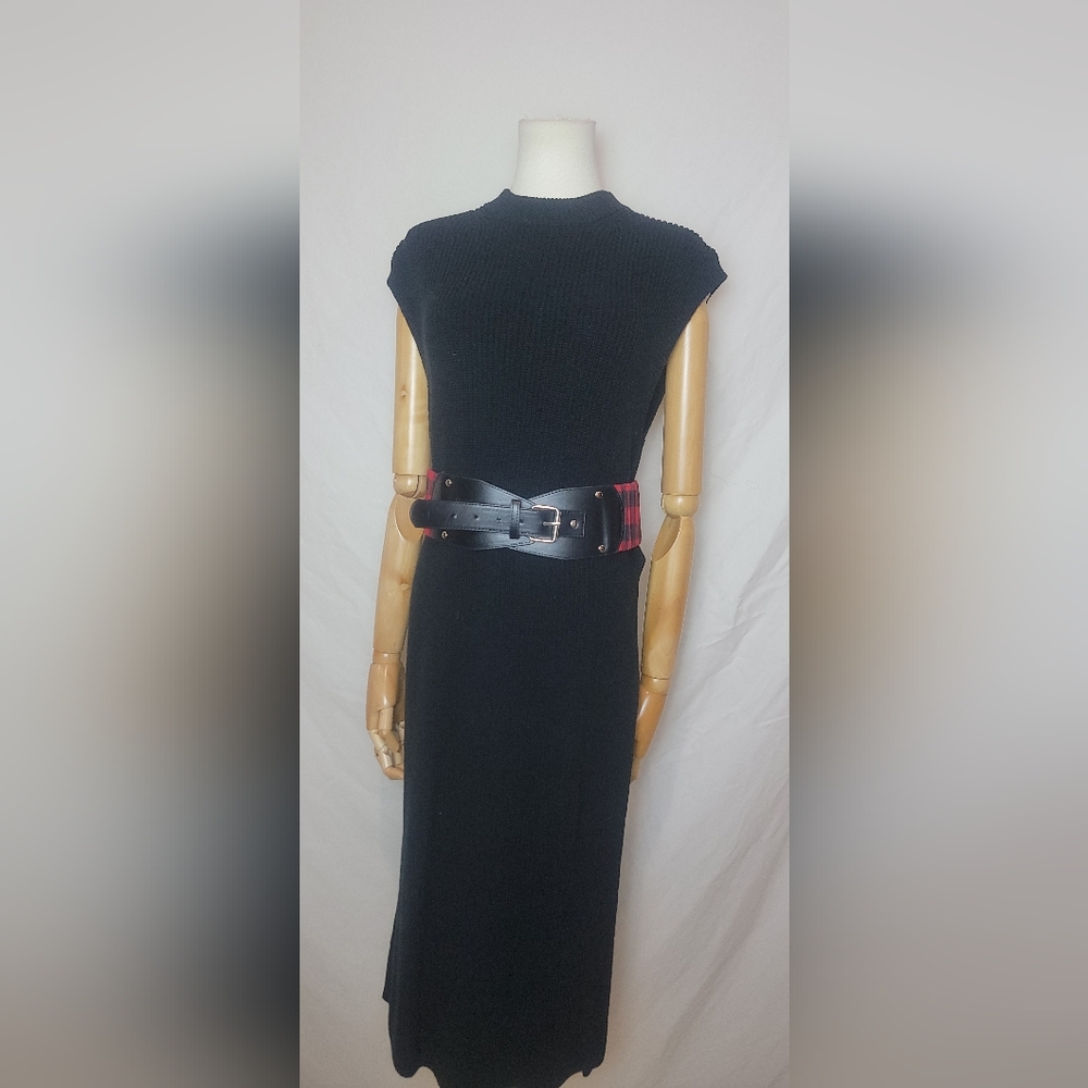Vintage 1980s Red Tartan Waist Belt With Leather Faux Leather, Size XL